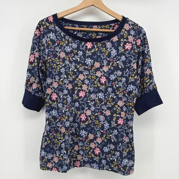 Lauren Ralph Lauren Womens Medium Navy Blue Floral Knit Short Sleeve Top - Picture 2 of 6
